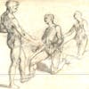 Uno studio di figura maschile nuda in piedi e due di figura maschile nuda inginocchiata 