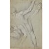 Studio parziale di due figure maschili nude, una con un braccio alzato, l’altra a terra e studi della gamba e del braccio della prima