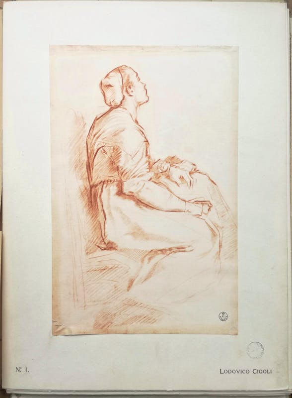 Facsimile del disegno di L. Cigoli, "Figura femminile seduta", Serie II, fasc. I del "Portafoglio Olschki"