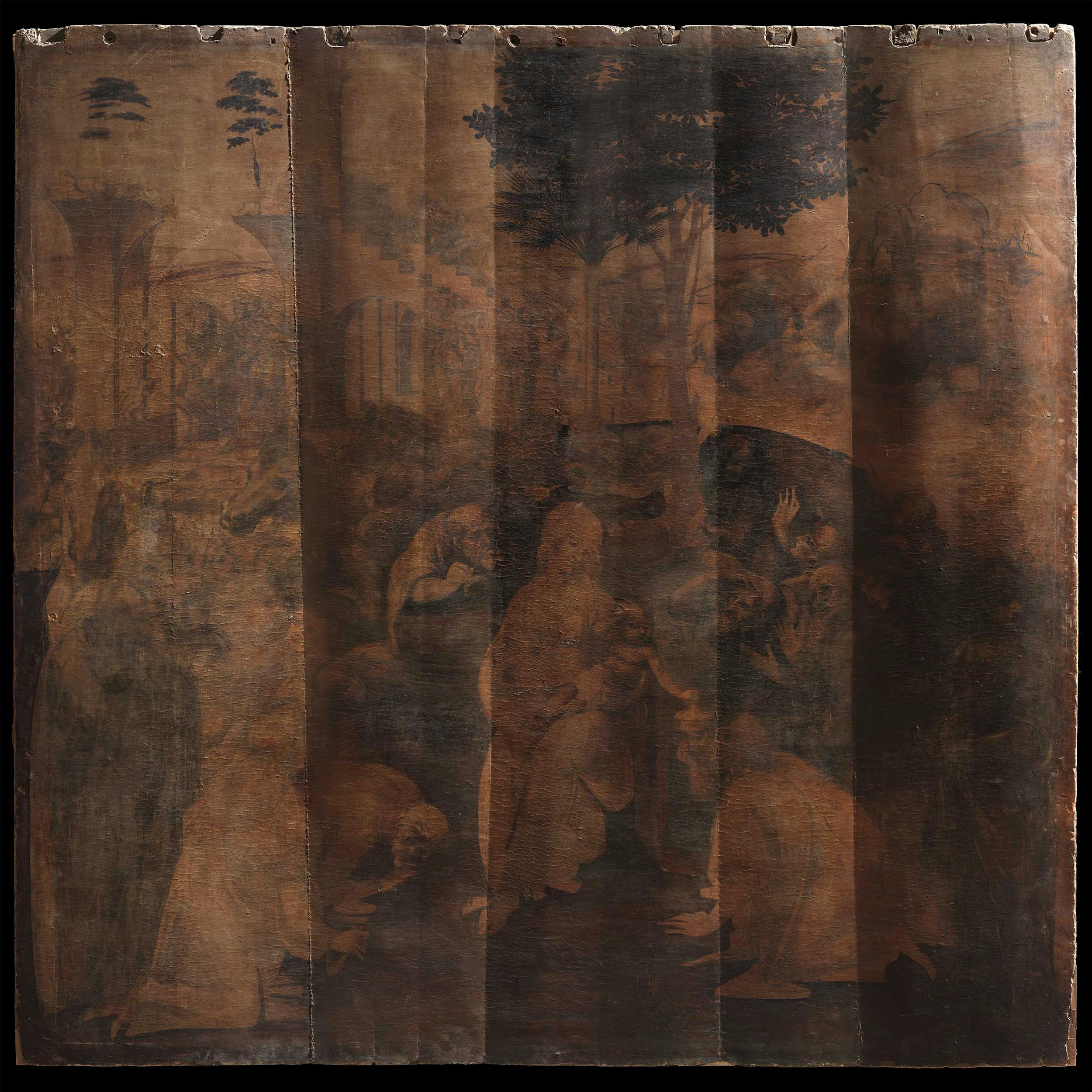 2. Leonardo da Vinci, Adorazione dei Magi; il dipinto, prima del restauro, a luce radente
