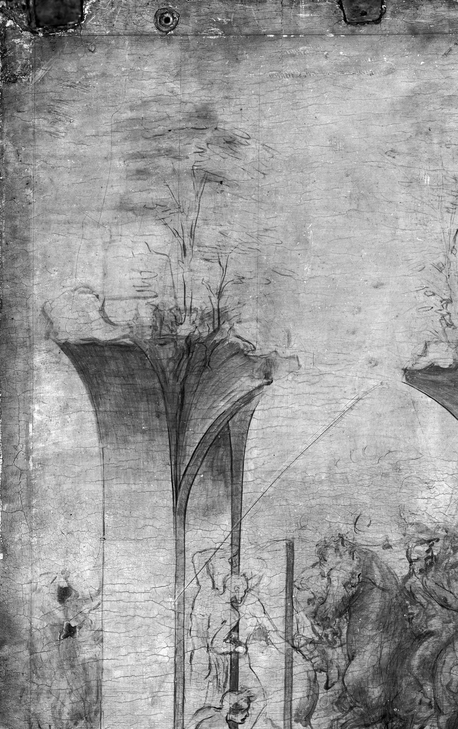 7a. Leonardo da Vinci, Adorazione dei Magi, dettaglio della riflettografia IR con le incisioni che segnano i bordi