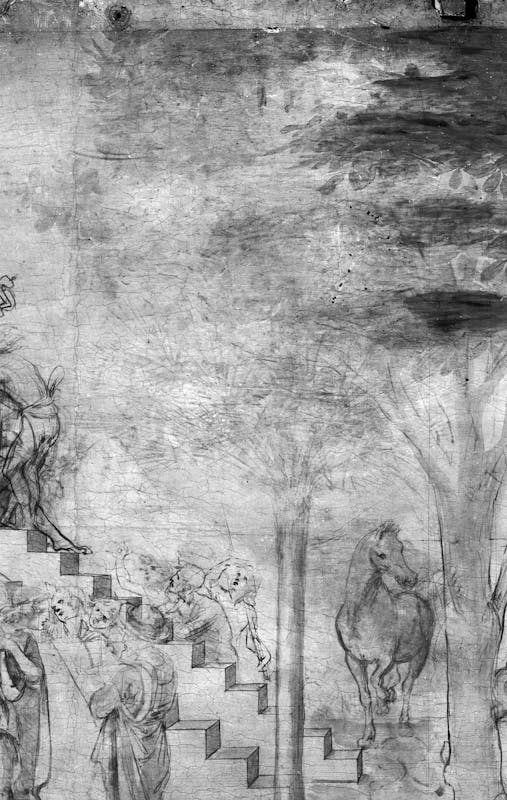 7b. Leonardo da Vinci, Adorazione dei Magi, dettaglio della riflettografia IR con le incisioni che segnano i bordi