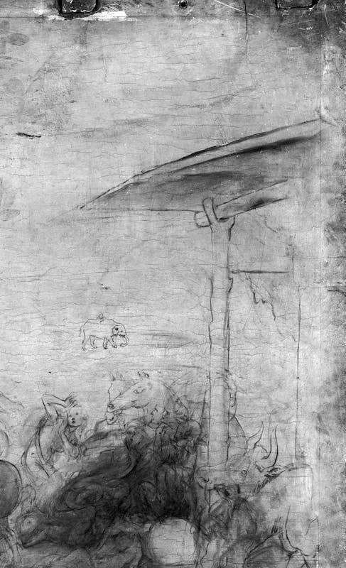 7c. Leonardo da Vinci, Adorazione dei Magi, dettaglio della riflettografia IR con le incisioni che segnano i bordi