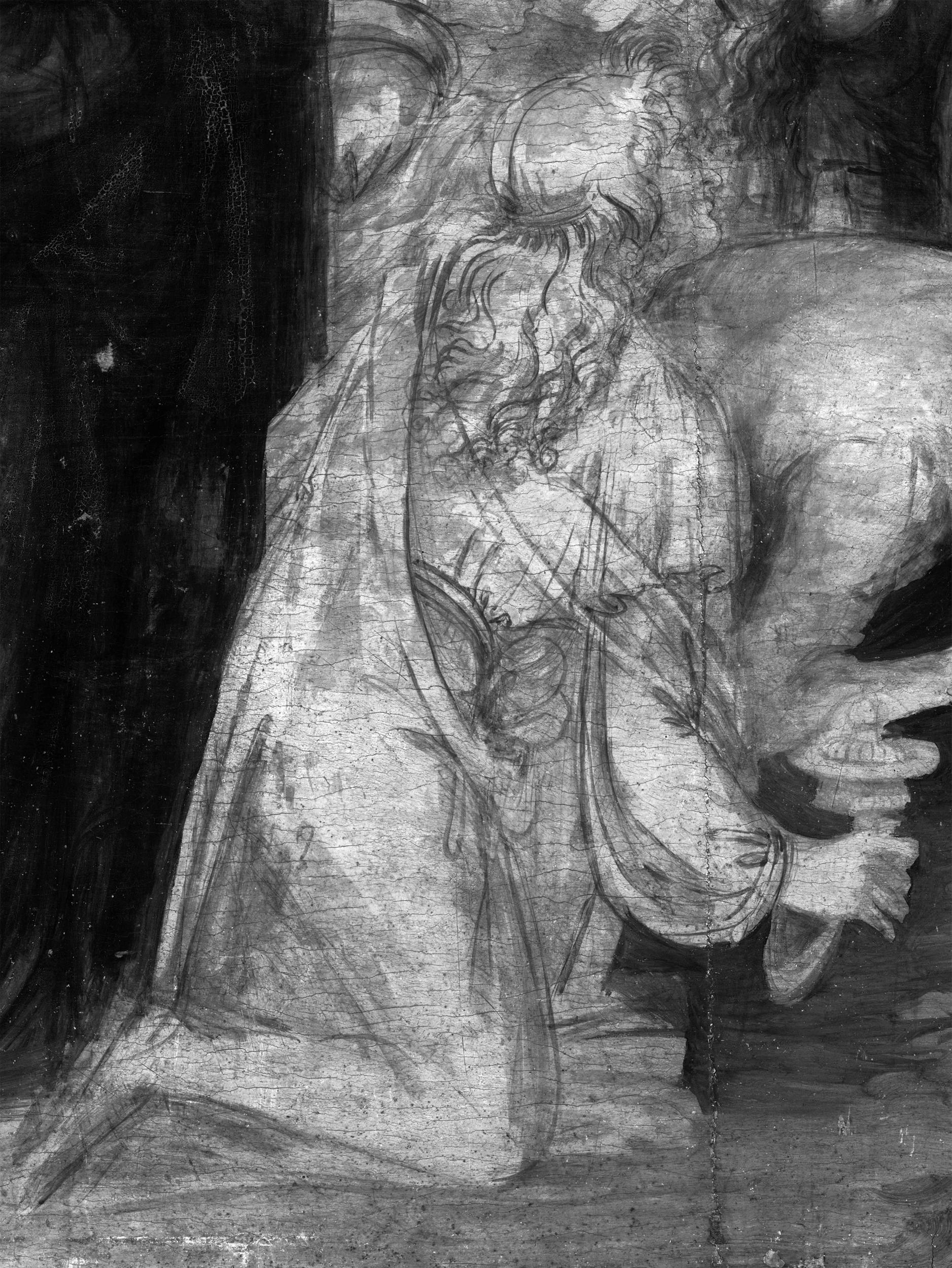 10. Leonardo da Vinci, Adorazione dei Magi, riflettografia IR, dettaglio con le acquerellature del sotto modellato