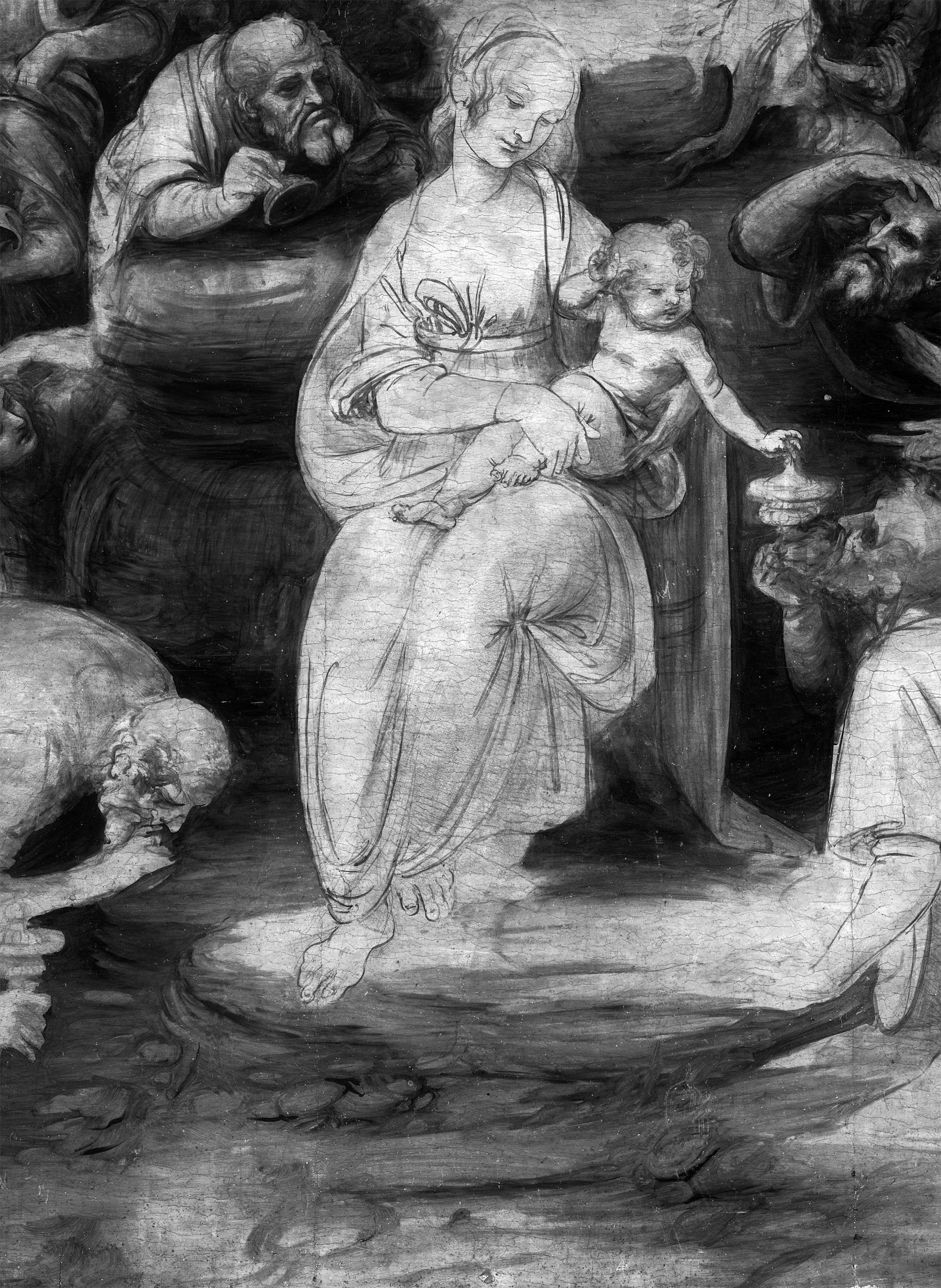 12. Leonardo da Vinci, Adorazione dei Magi, riflettografia IR, dettaglio del burrone ai piedi della Vergine