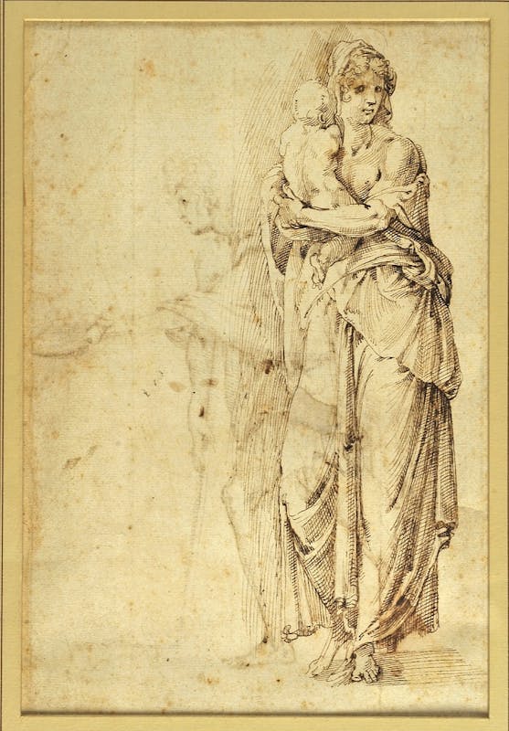 Giovanfrancesco Rustici, Figura femminile con bambino, recto, disegno a penna e inchiostro, 25 x 15,3 cm