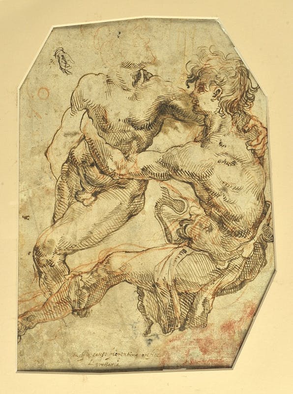 Giovanni Catesi  Studio per un gruppo di due figure maschili, recto, verso, disegno a penna e inchiostro e pietra rossa, 28,8 x 21,3 cm