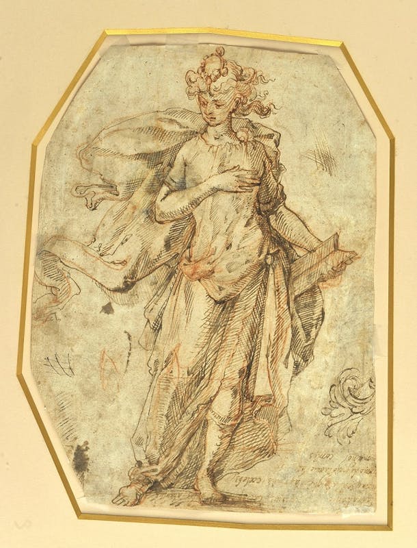 Giovanni Catesi, Studi per un motivo ornamentale a foglie e per una elegante figura, verso disegno a penna e inchiostro e pietra rossa, 28,8 x 21,3 cm