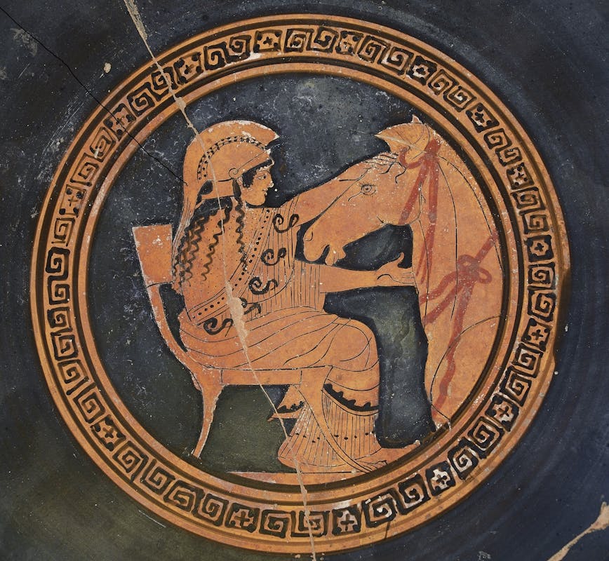 Pittore di Sabouroff Coppa attica con Atena e il cavallo di Troia, intorno al 460 a.C. Terracotta, dipinta nella tecnica a figure rosse Firenze, Museo Archeologico Nazionale