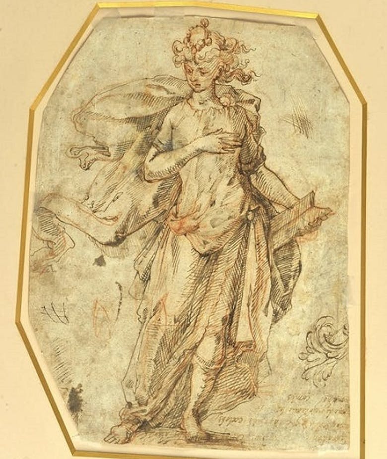 Figura maschile con libro; studio parziale di ornato vegetale (recto). Due figure maschili abbracciate; studio di mano (verso)