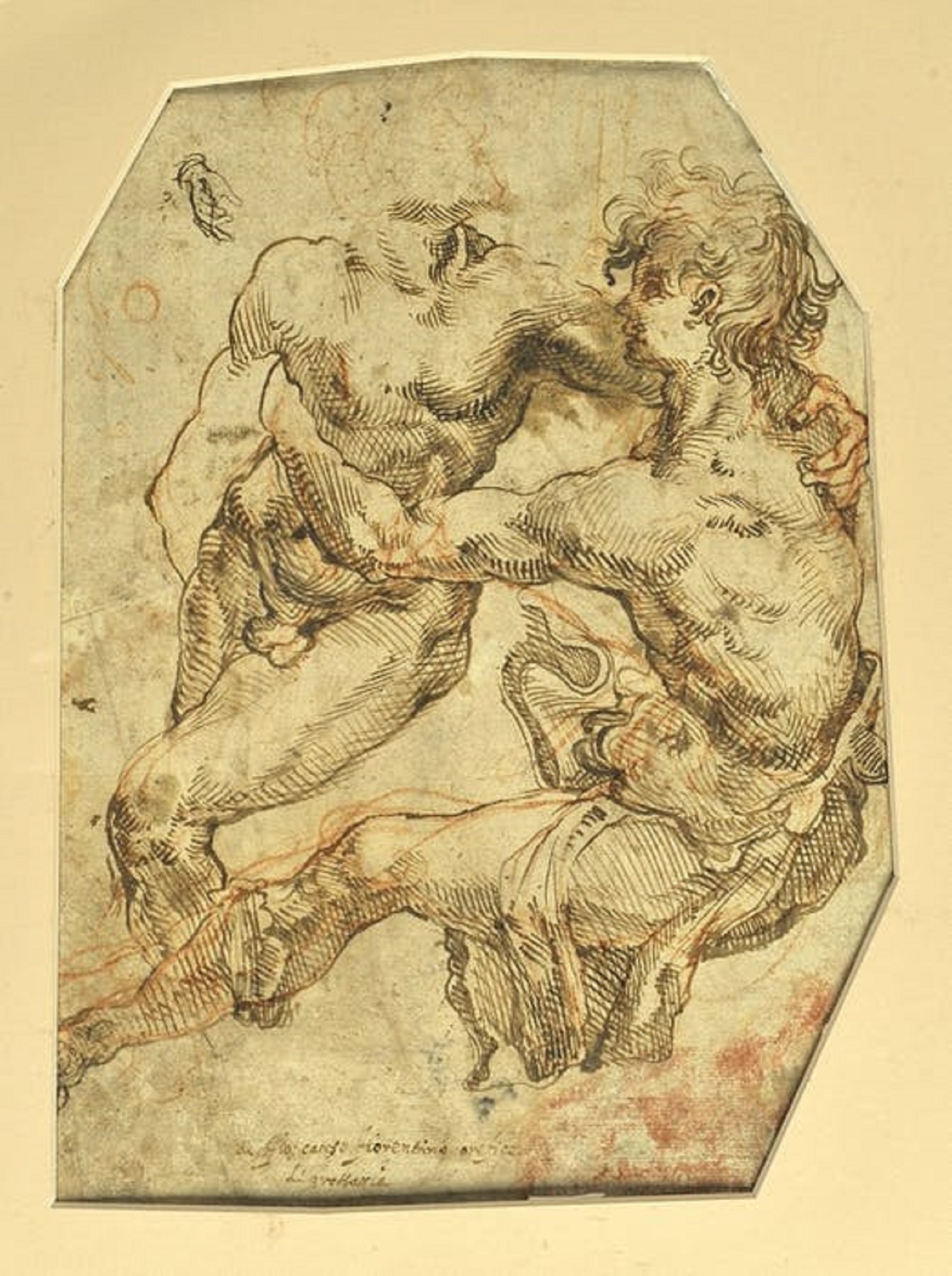 Male Figure With Book Partial Study Of Ornamental Leaf Motif Front Two Embracing Male Figures Hand Study Reverse Artworks Uffizi Galleries