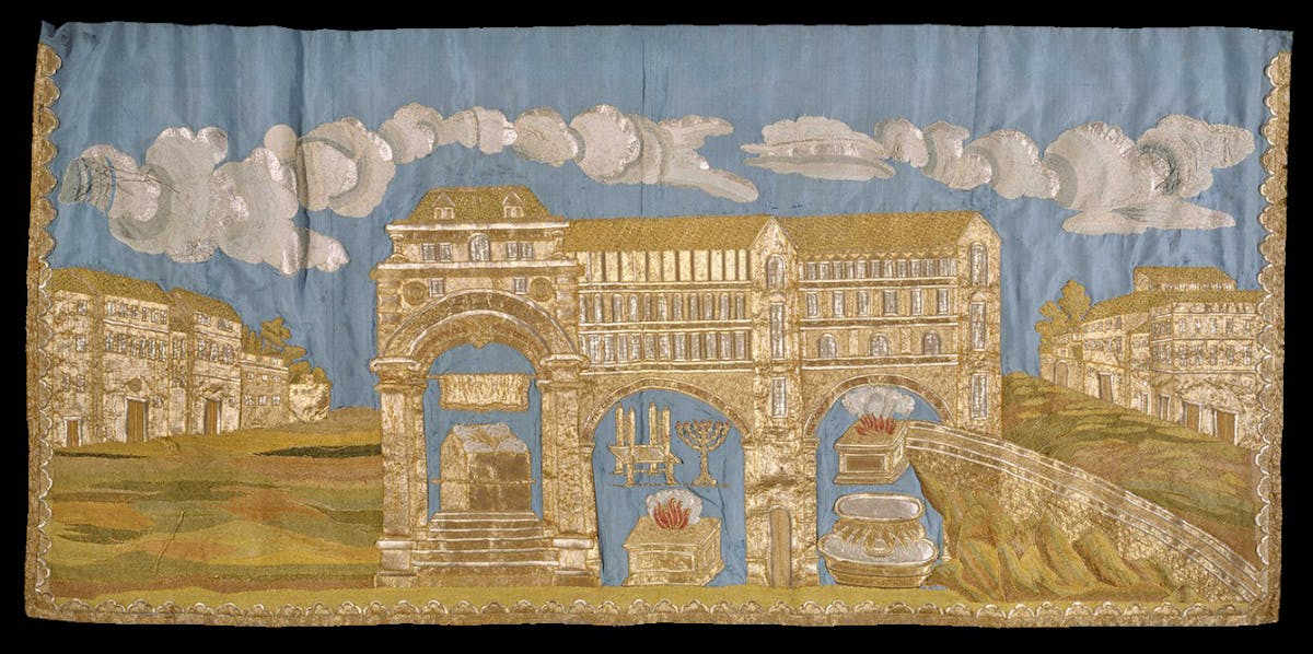 "Tutti i colori dell'Italia ebraica" Anonimo ricamatore romano Meil Fiano 1764 raso di seta ricamato Museo Ebraico di Roma