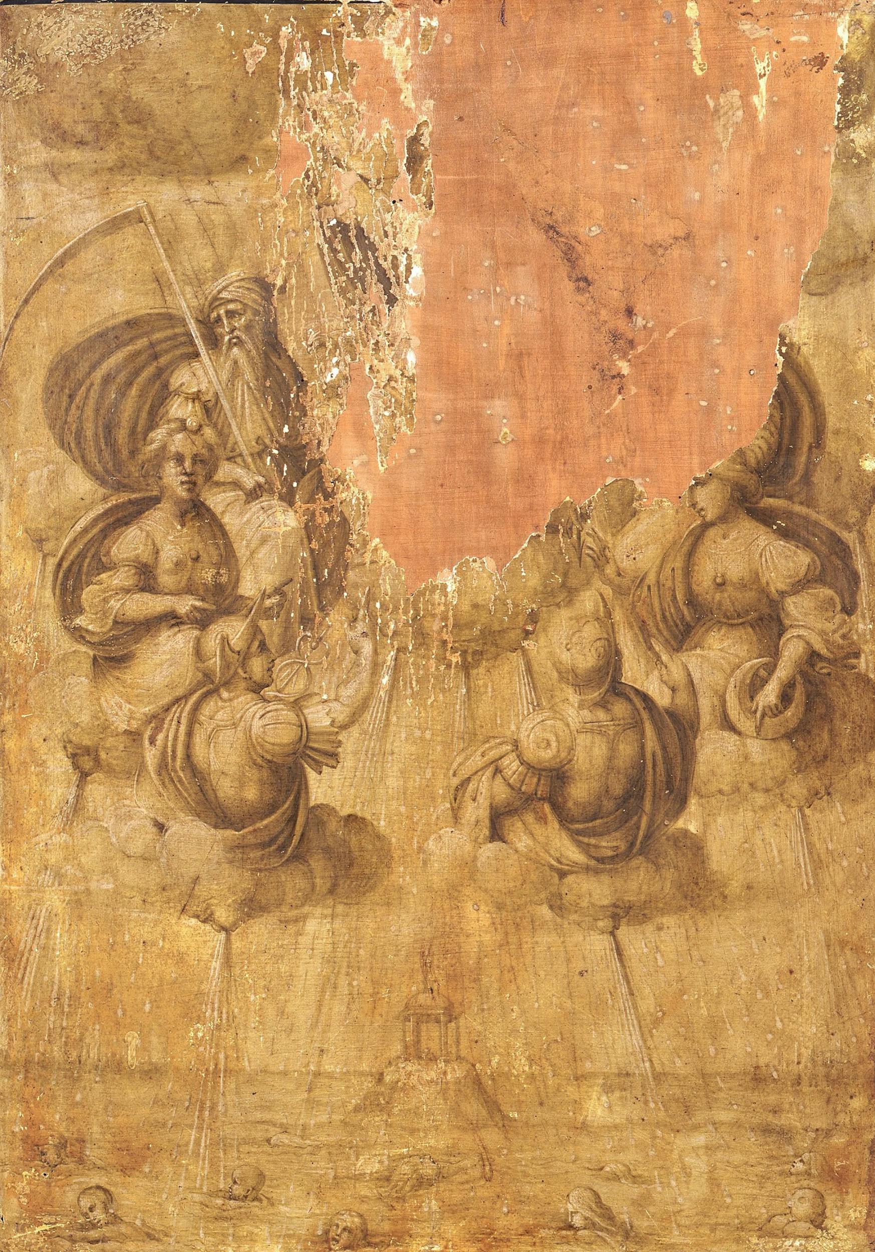 Maestro di Serumido, 1504-07, Il diluvio, recto del Ritratto di Agnolo Doni