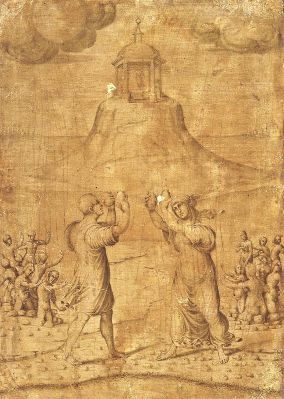 Maestro di Serumido, Deucalione e Pirra, 1504-1507, recto del Ritratto di Maddalena Strozzi