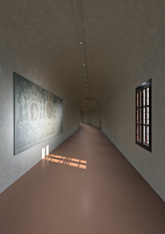 Corridoio Vasariano, rendering allestimento affreschi staccati del Cinquecento