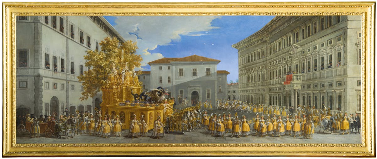 Fig. 1 Johann Paul Schor (Innsbruck 1615 - Roma 1674) Il corteo del principe Giovan Battista Borghese per il Carnevale di Roma del 1664 1664 olio su tela Gallerie degli Uffizi, Firenze