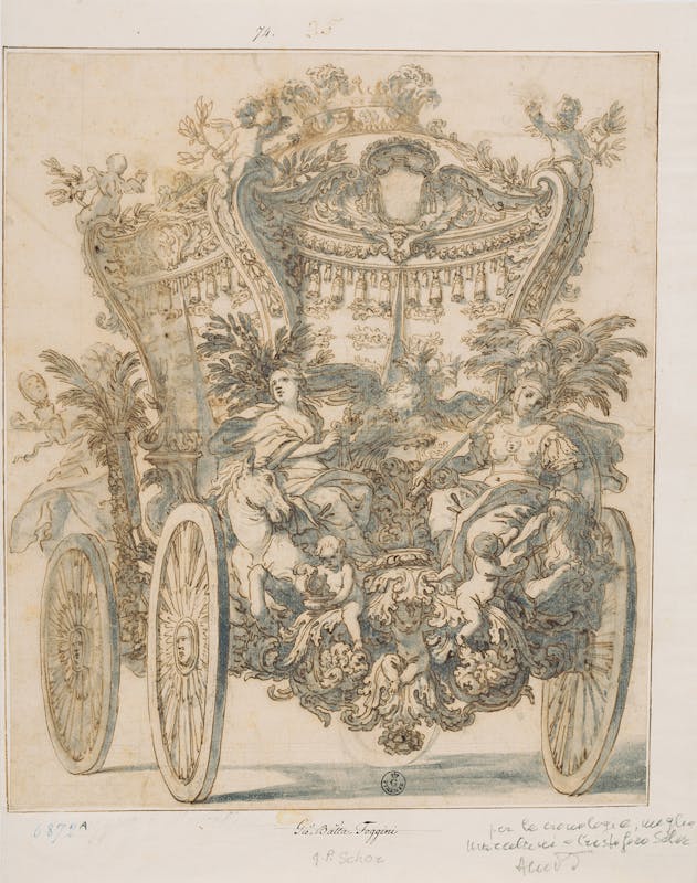 Fig. 6 Cerchia di Johann Paul Schor (Innsbruck 1615 - Roma 1674) Treno posteriore di carrozza 1670 circa matita, penna, inchiostro acquarellato su carta Gabinetto Disegni e Stampe, Gallerie degli Uffizi, Firenze