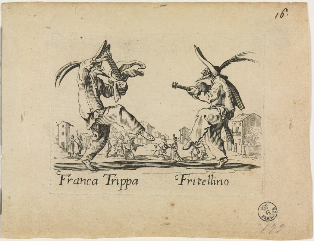Fig. 12 Jacques Callot (Nancy 1592-1635) Franca Trippa e Fritellino Tavola della serie di 24 acqueforti dei Balli di Sfessania  1621-1622 acquaforte Gabinetto Disegni e Stampe, Gallerie degli Uffizi, Firenze