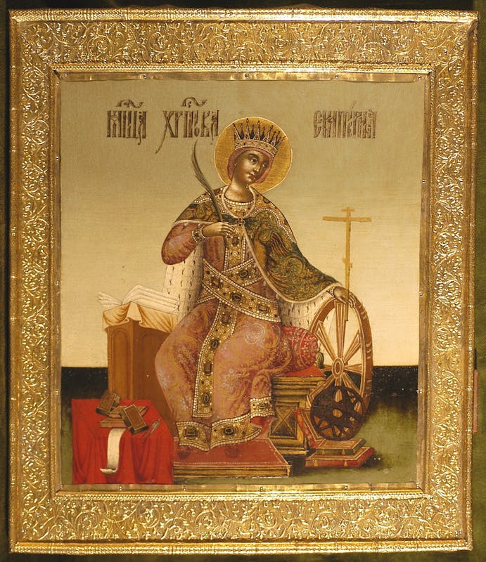 Fig. 5 Atelier del Palazzo dell’Armeria a Mosca, Santa Caterina d’Alessandria, 1693-1694, tavola e argento dorato, cm 32 x 27,4, inv. 1890 n. 5079