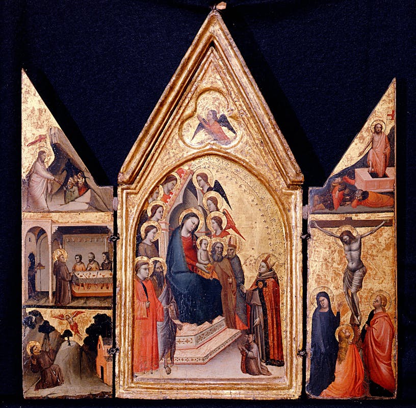 Fig. 3: Jacopo del Casentino - Madonna con Bambino in trono fra San Bernardo e San Giovanni Battista; Stimmate di San Francesco e Santa Margherita e Santa Lucia; Crocifissione,  1320-25