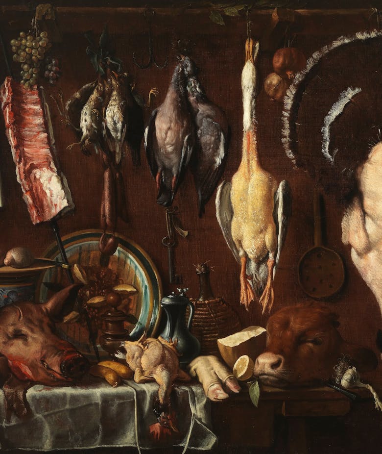 Pantry with pig’s head and trotter, calf’s head, turkey, poultry and other food