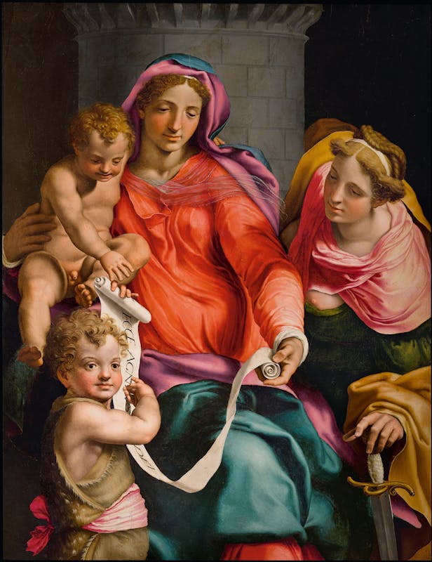 Daniele Ricciardelli da Volterra (Volterra, 1509 - Roma, 1566)  Madonna col Bambino, san Giovannino e santa Barbara  1548 circa  olio su tavola  131,6 x 100 cm