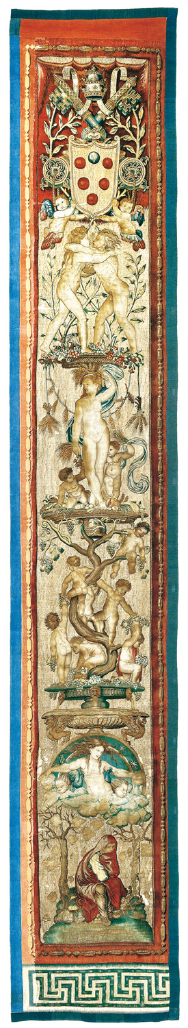 Bottega di Pieter van Aelst (Pieter I van Edingen o Enghien, 1450 ca.-1533), su disegno e cartone di Raffaello e bottega Bordura con le Stagioni per la serie degli Atti degli Apostoli 1515-1521 lana, seta, argento dorato Musei Vaticani, Roma | Workshop of Pieter van Aelst, known as Pieter van Edingen or Enghien (c. 1450 – 1533), after a drawing and cartoon by Raphael and his workshop Around the border, the Seasons for the Acts of the Apostles series 1515-21 wool, silk, silver gilt  Vatican Museum, Rome