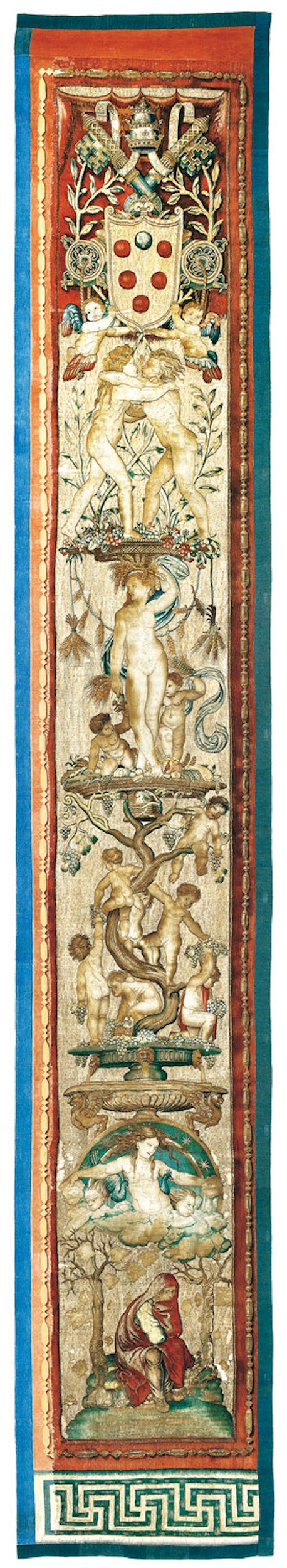 Bottega di Pieter van Aelst (Pieter I van Edingen o Enghien, 1450 ca.-1533), su disegno e cartone di Raffaello e bottega Bordura con le Stagioni per la serie degli Atti degli Apostoli 1515-1521 lana, seta, argento dorato Musei Vaticani, Roma | Workshop of Pieter van Aelst, known as Pieter van Edingen or Enghien (c. 1450 – 1533), after a drawing and cartoon by Raphael and his workshop Around the border, the Seasons for the Acts of the Apostles series 1515-21 wool, silk, silver gilt Vatican Museum, Rome