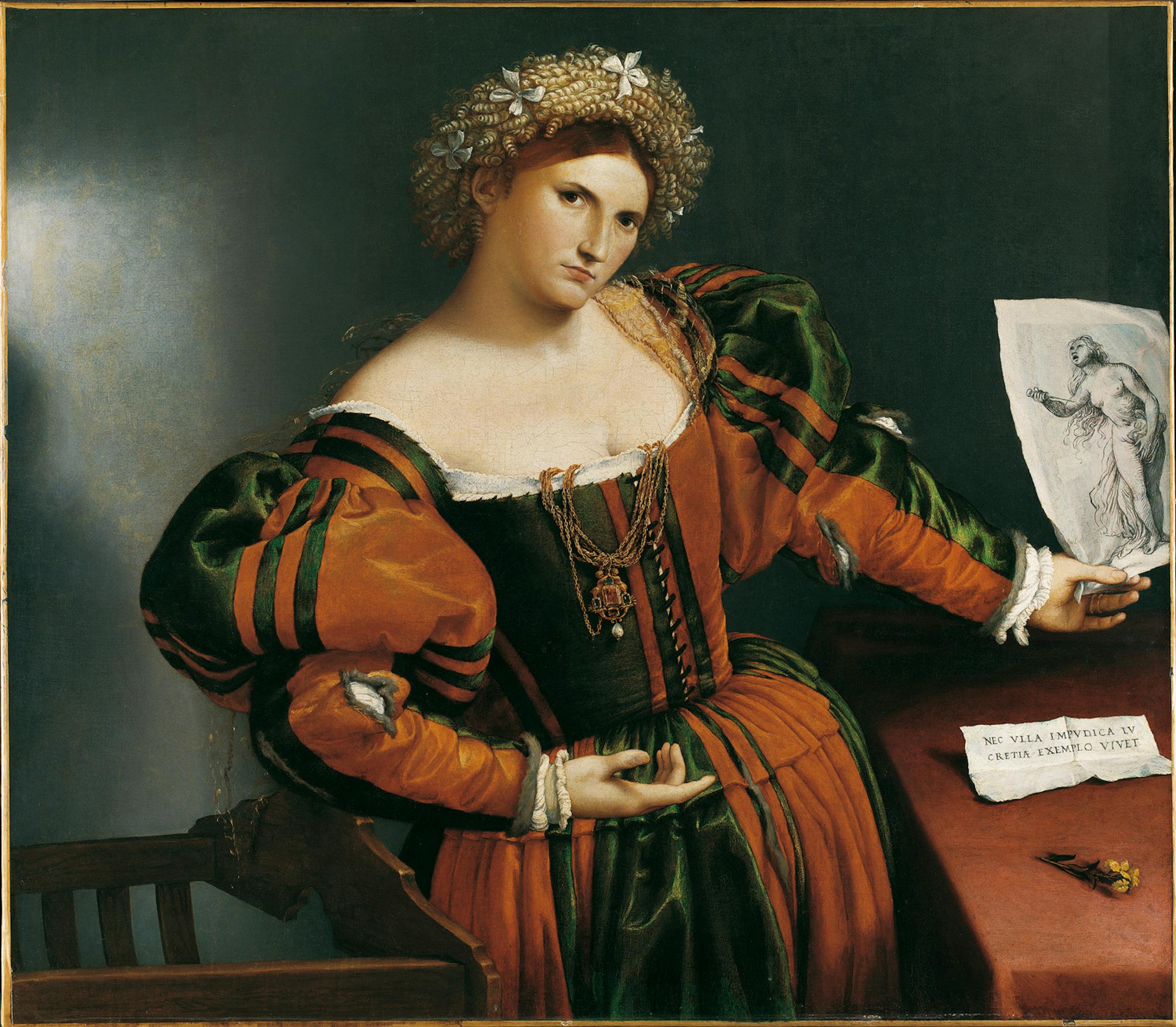 Lorenzo Lotto (Venezia, 1480 ca.-Loreto, 1556-1557) Ritratto di donna con un disegno di Lucrezia 1530-1533 ca. olio su tela The National Gallery, Londra | Lorenzo Lotto (Venice, c. 1480 – Loreto, 1556–7) Portrait of a Woman Inspired by Lucretia c. 1530-33 oil on canvas The National Gallery, London