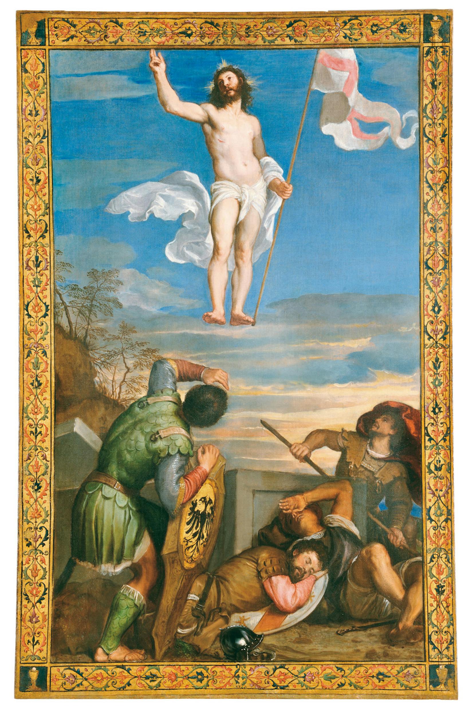 Tiziano Vecellio (Pieve di Cadore, 1488/1490 - Venezia, 1576) Stendardo processionale della Compagnia del Corpus Domini di Urbino, Resurrezione 1542-1544 olio su tela Galleria Nazionale della Marche, Urbino | Titian (Pieve di Cadore, 1488/1490 - Venice, 1576) Processional banner of the Compagnia del Corpus Domini of Urbino, Resurrection 1542-4 oil on canvas Galleria Nazionale della Marche, Urbino
