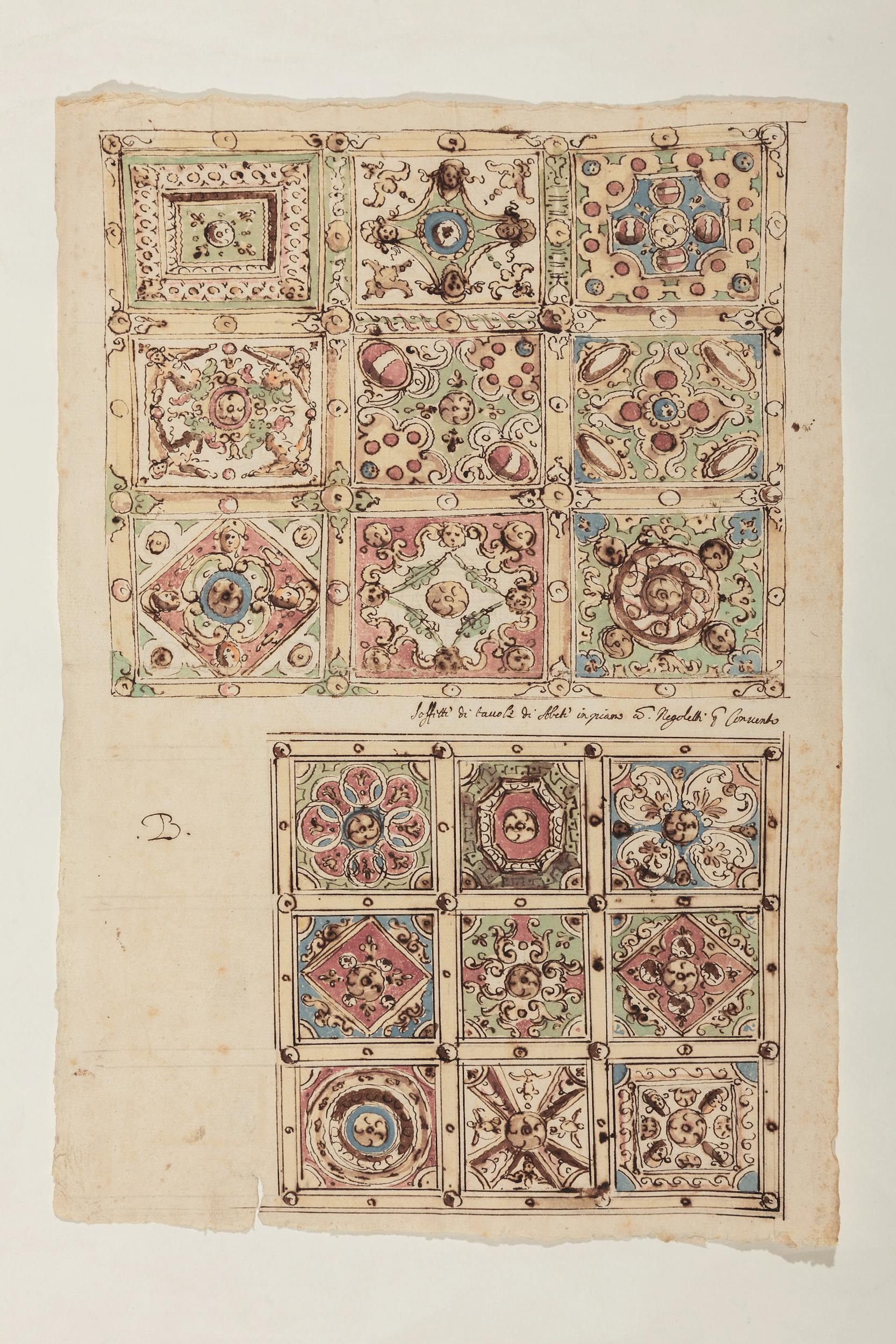 Pietro Veri (1568 circa - 1611) Disegni di soffitti lignei per palazzo Firenze 1610 penna, inchiostro, acquerelli su carta Archivio di Stato, Firenze