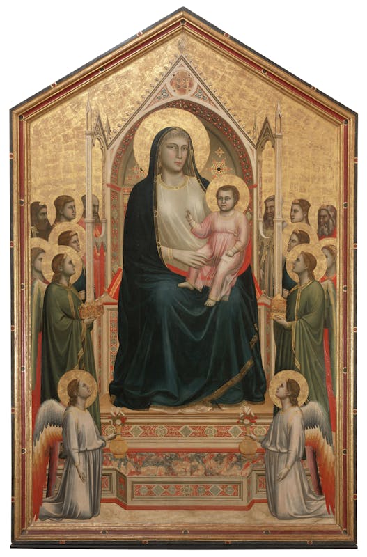 Virgin And Child Enthroned Surrounded By Angels And Saints