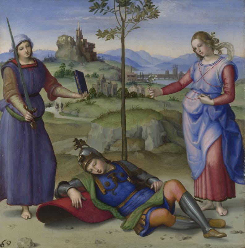 Raffaello Il sogno del cavaliere (Ercole al bivio) The knight’s dream 1504 olio su tavola / oil on panel Londra, The National Gallery