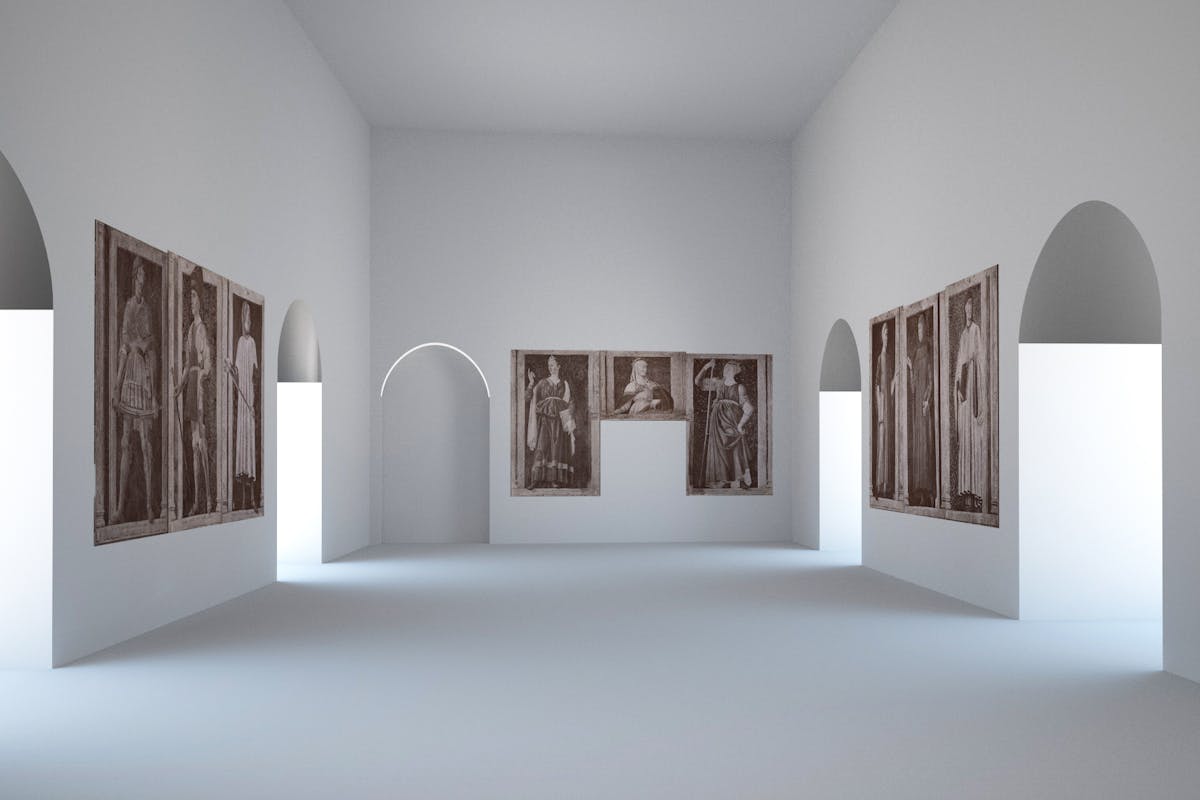 Ipotesi di allestimento degli Uomini e donne Illustri di Andrea del Castagno nella “Sala degli affreschi” del Museo nazionale del Bargello nell’anno 1884 circa. Il punto di osservazione è rivolto verso il lato Nord della stanza.