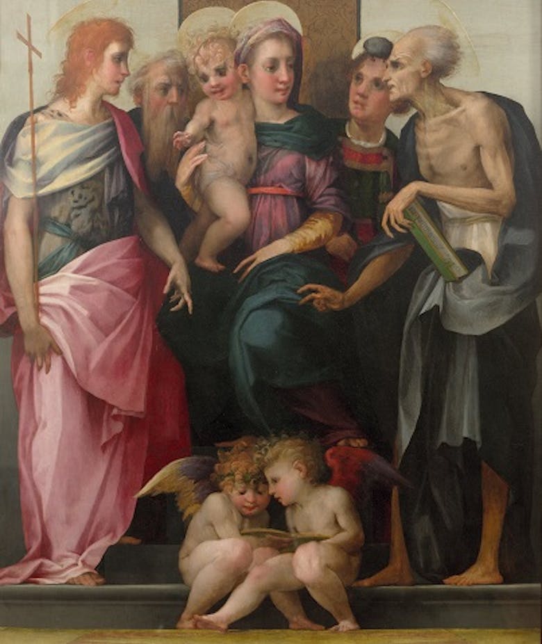 Enthroned Madonna and Child with four saints