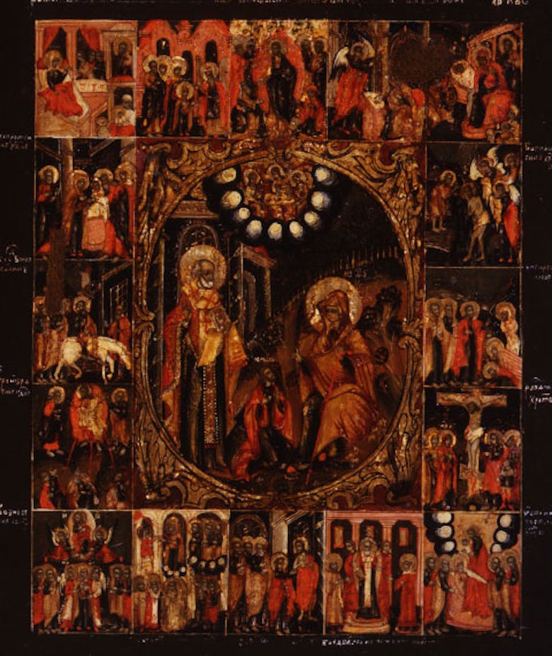 The Mother of God and St. Nicholas Converse with the Sacristan George, with scenes of the feast days