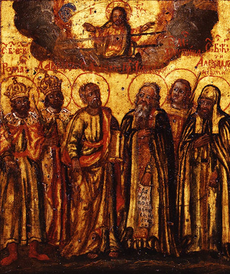 Icona 'I santi Pietro, Isacco Dalmata, Boris, Gleb, Cristina e Aleksandr Nevskij'