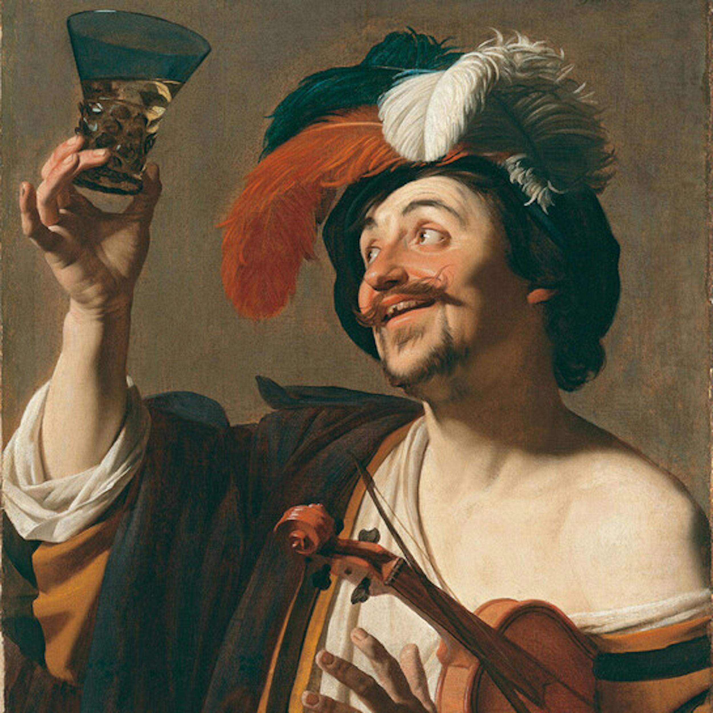 Gerrit van Honthorst detto Gherardo delle Notti (Utrecht 1592 - 1656), Allegro violinista con bicchiere di vino, dettaglio, 1623-1624, olio su tela, Museo Thyssen-Bornemisza, Madrid.