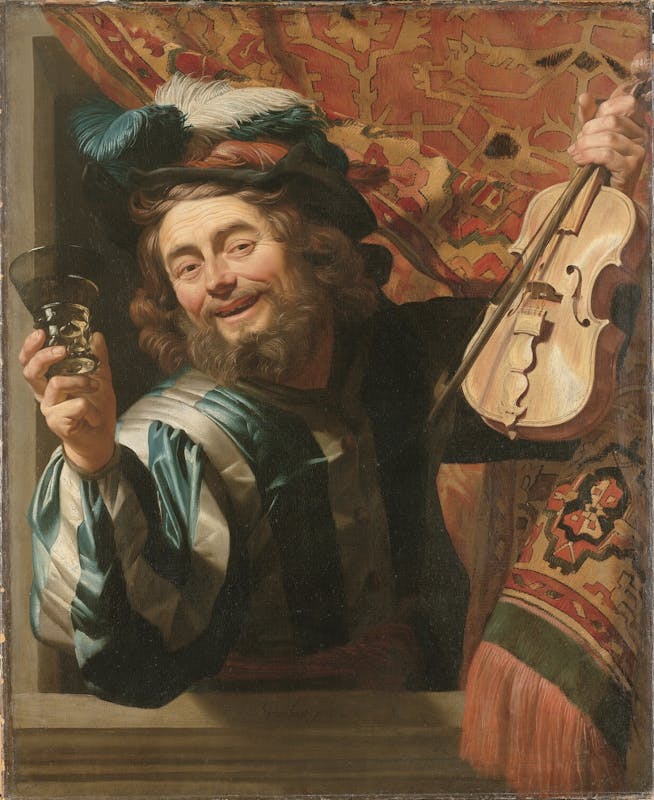 Gerrit van Honthorst detto Gherardo delle Notti (Utrecht 1592 - 1656), Allegro violinista con bicchiere di vino, 1623, olio su tela, Rijksmuseum, Amsterdam.