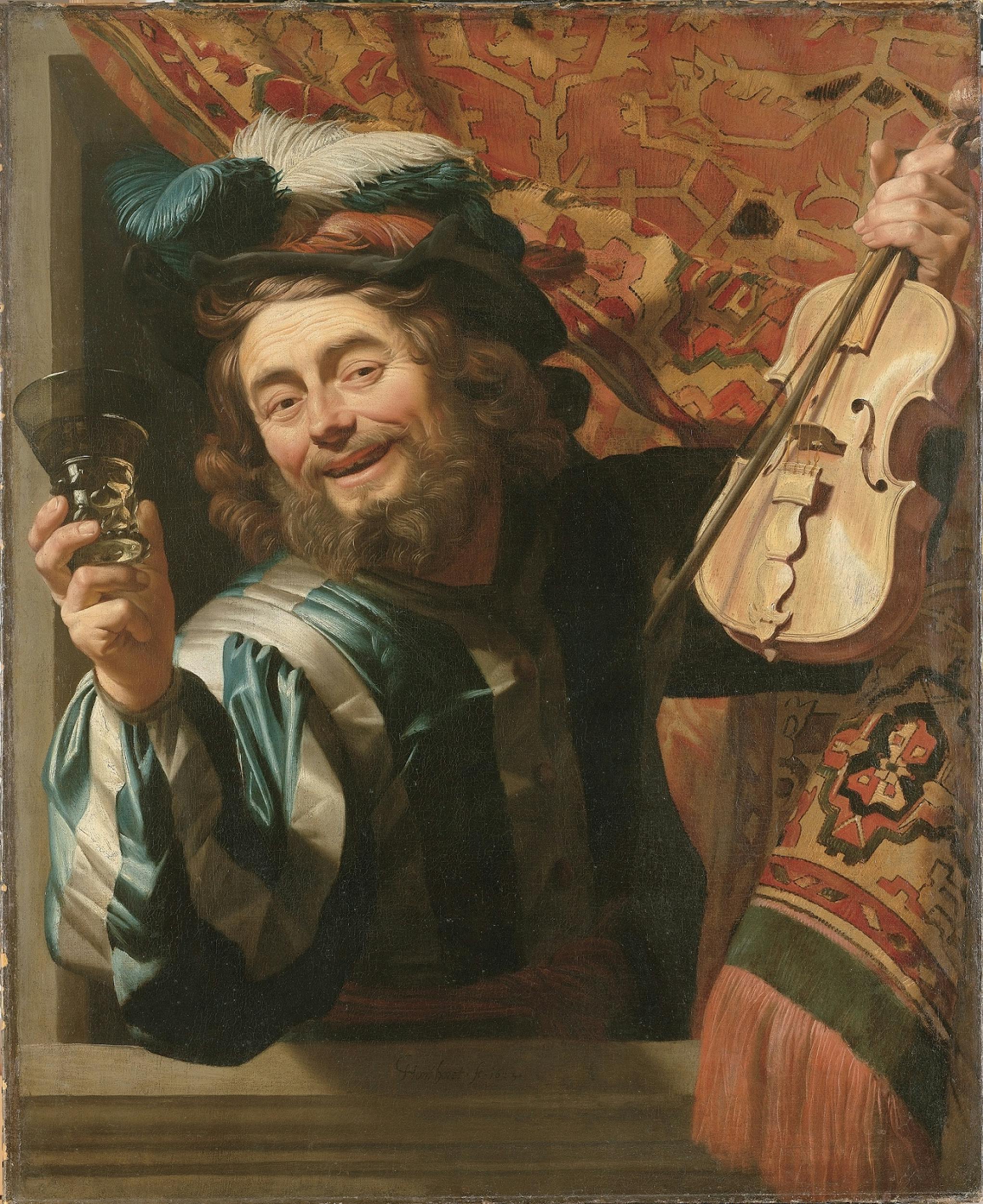 Gerrit van Honthorst detto Gherardo delle Notti (Utrecht 1592 - 1656), Allegro violinista con bicchiere di vino, 1623, olio su tela, Rijksmuseum, Amsterdam.
