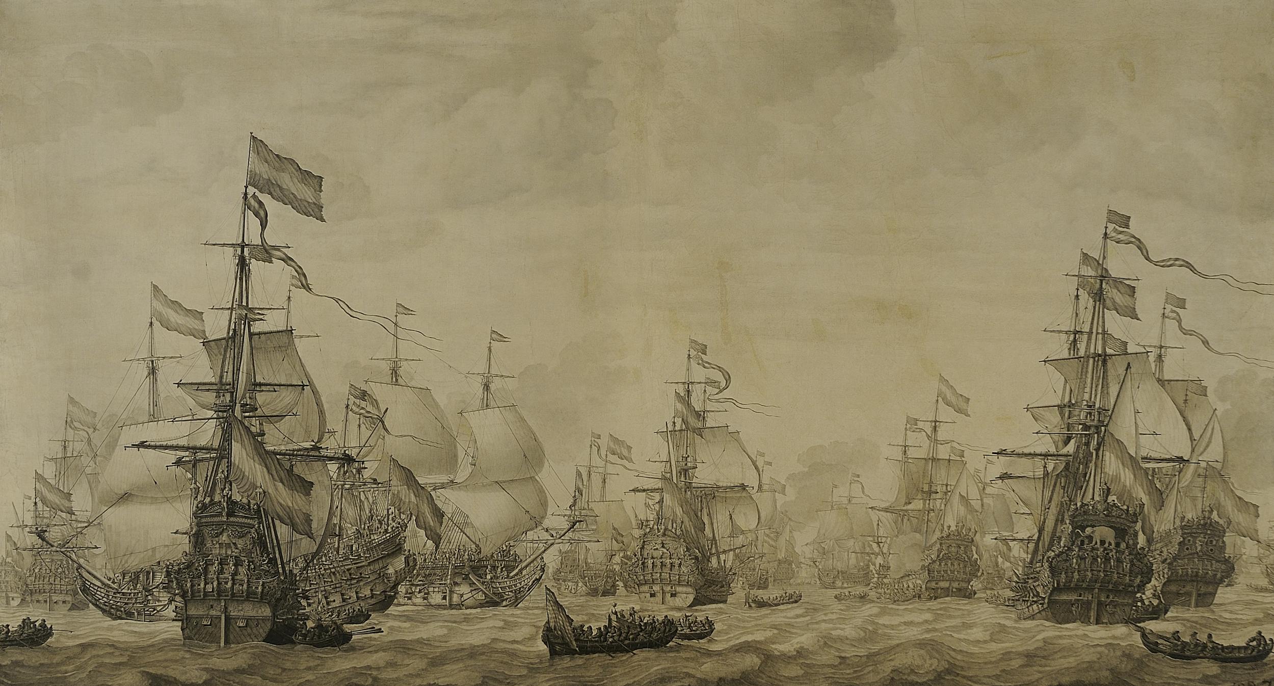 Willem van de Velde Il Vecchio (Leida, c. 1611 – Londra, 13 dicembre 1693), Battaglia navale, 1665, olio su tela, Galleria Palatina ed Appartamenti Reali, Palazzo Pitti, Firenze 