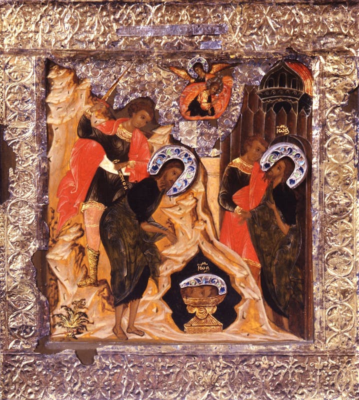 Icona "Decollazione di San Giovanni Battista", Bottega moscovita, 1590-1610 c.,  tempera su tavola; argento dorato, filigrana, smalti, Museo delle Icone Russe, Palazzo Pitti, Firenze.