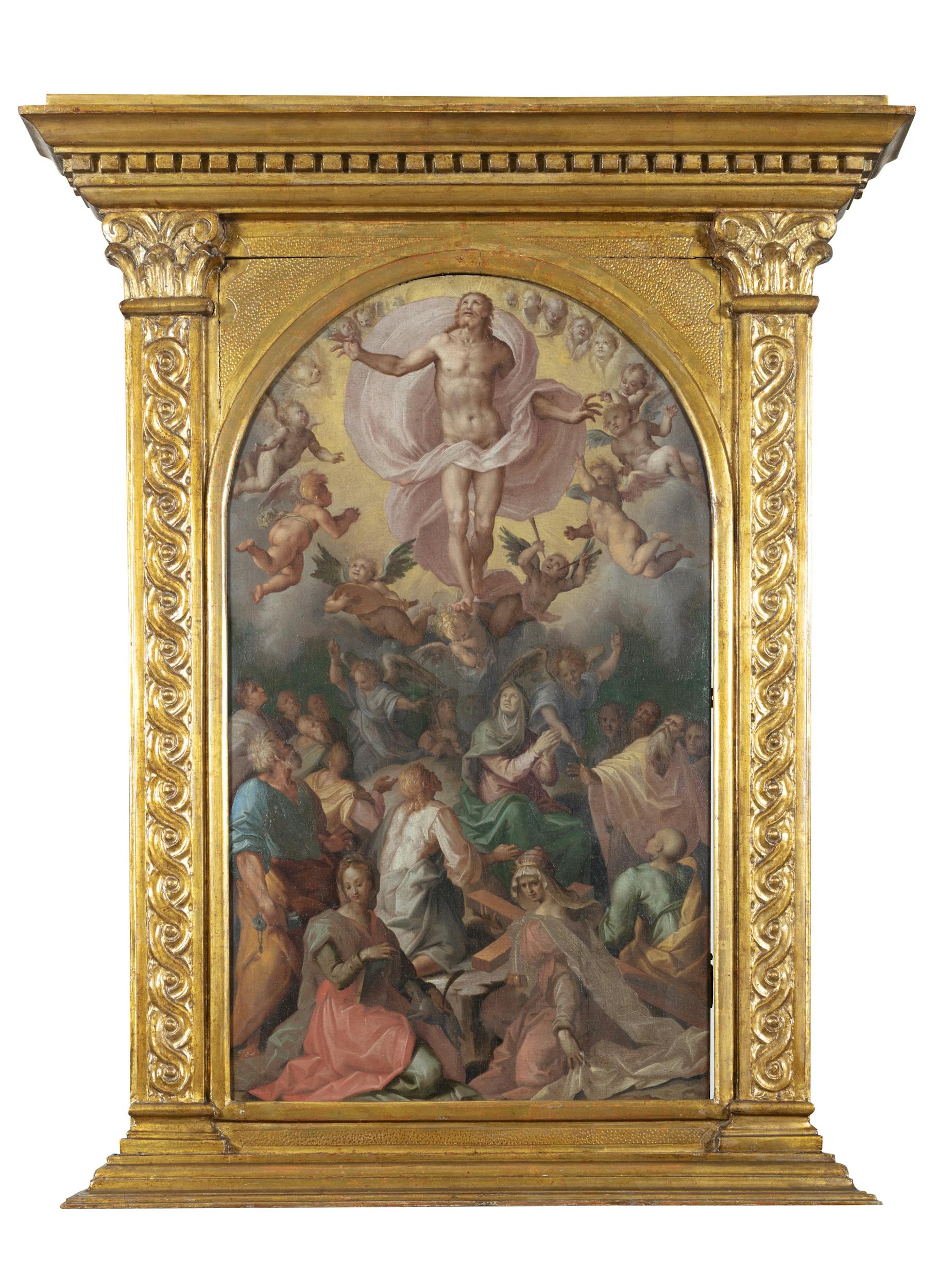 Maso da San Friano (Firenze, 1531-1571)  Ascensione di Cristo con la Vergine, gli Apostoli e le Sante Agnese ed Elena  cm 62,3 x 36,5  tempera su tavola  1565