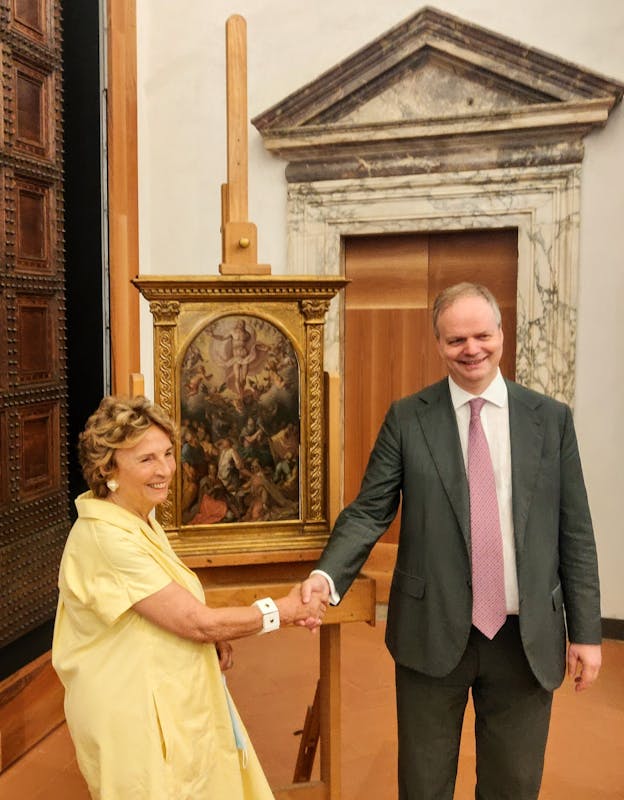 La presidente degli Amici degli Uffizi Maria Vittoria Rimbotti Colonna con il direttore degli Uffizi Eike Schmidt
