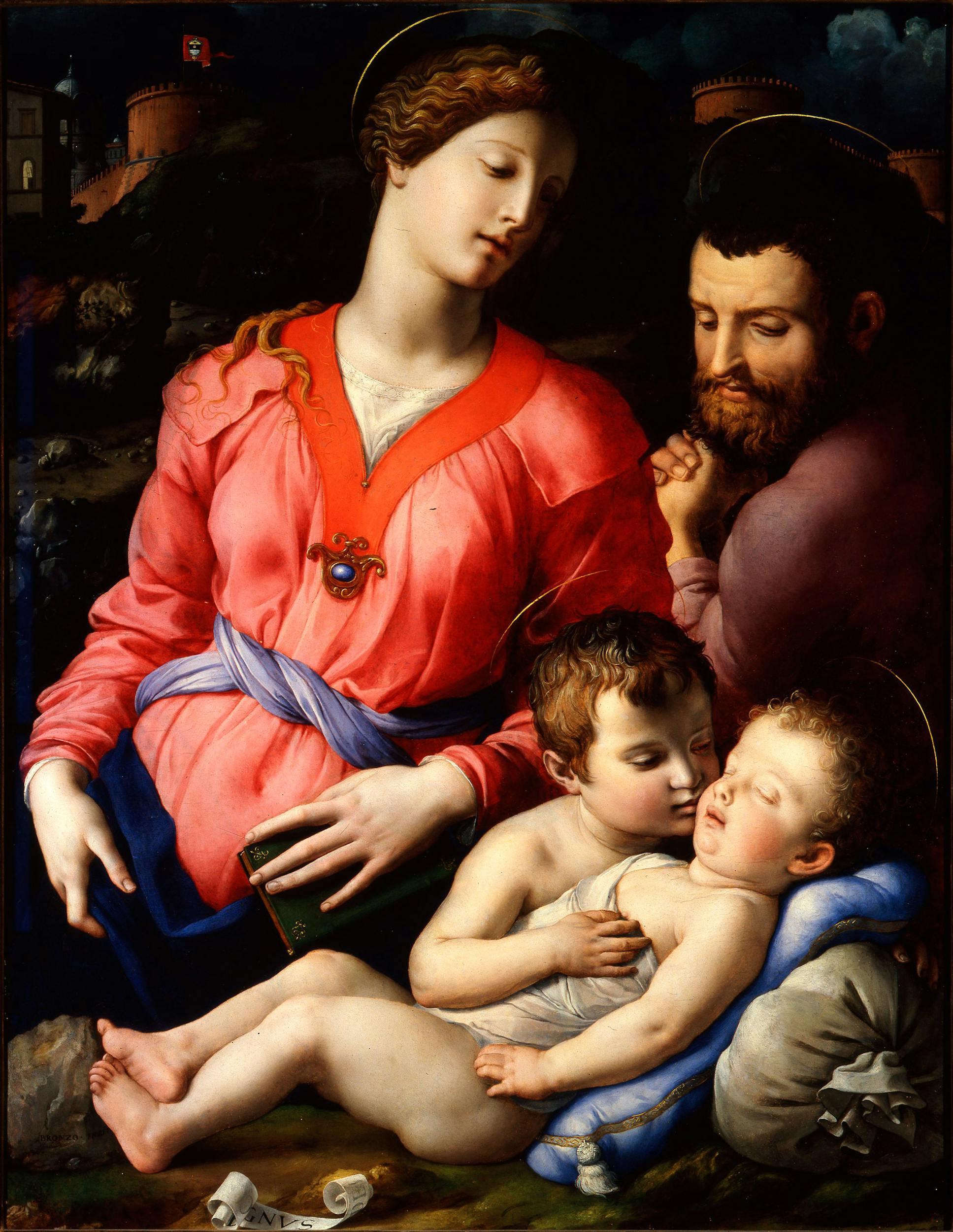 Agnolo di Cosimo detto Bronzino (Firenze 1503 – 1572), Sacra Famiglia con  San Giovannino, 1540 ca.-1545 ca., olio su tavola. Firenze, Galleria degli Uffizi