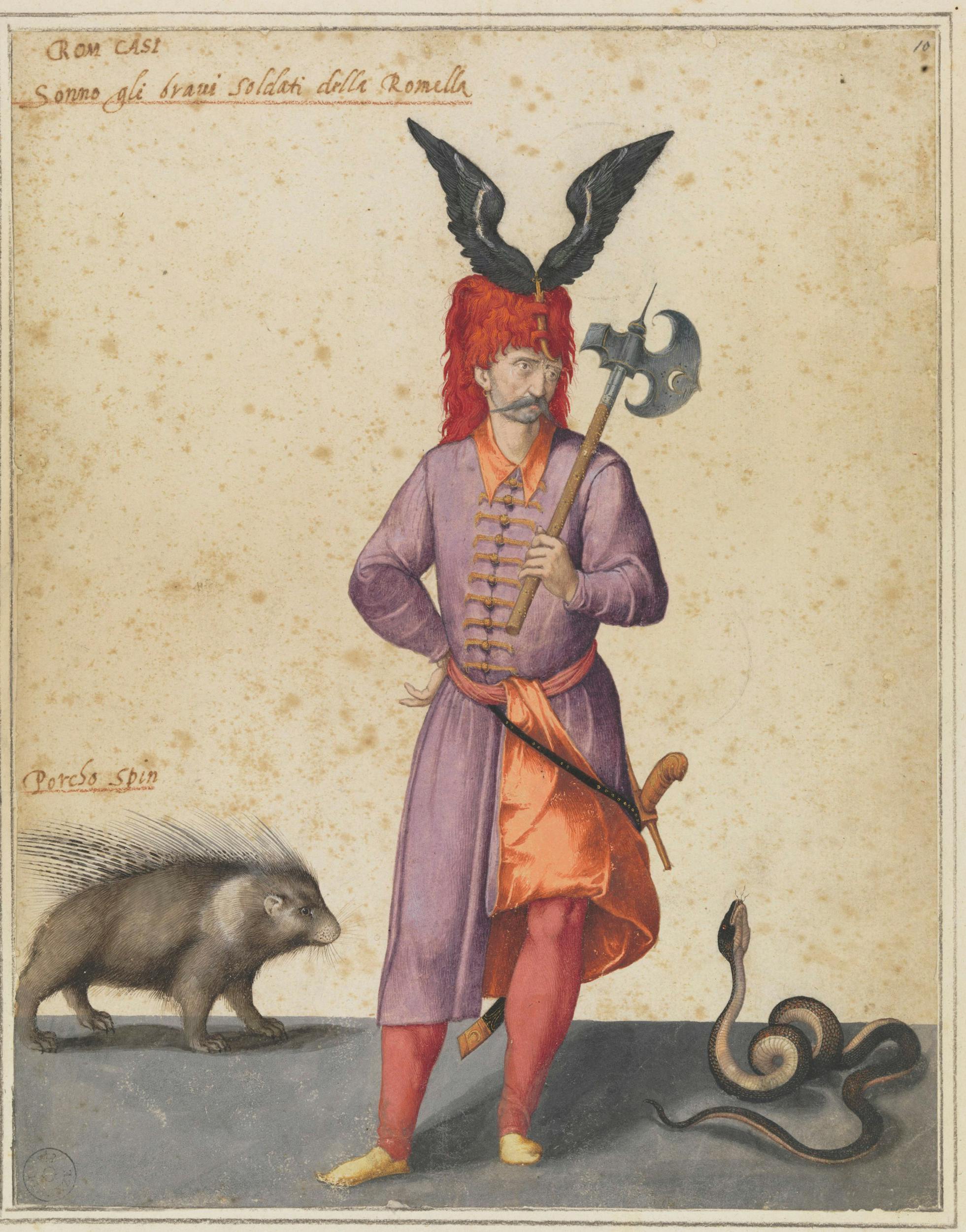 Jacopo Ligozzi (Verona 1547 – Firenze 1627), Soldato turco con porcospino e  serpente, penna e acquerello su carta bianca. Firenze, Gallerie degli Uffizi,  Gabinetto Disegni e Stampe