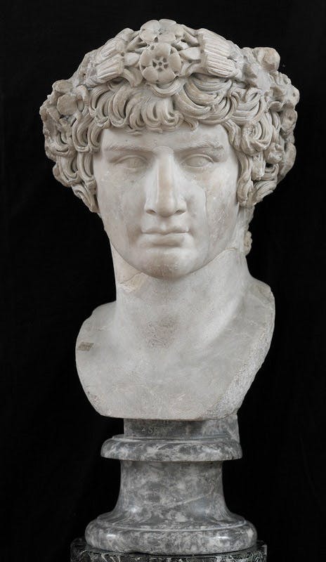 Arte romana, Ritratto di Antinoo, 130 d.C, marmo microcristallino/scultura. Firenze, Galleria  degli Uffizi, Depositi
