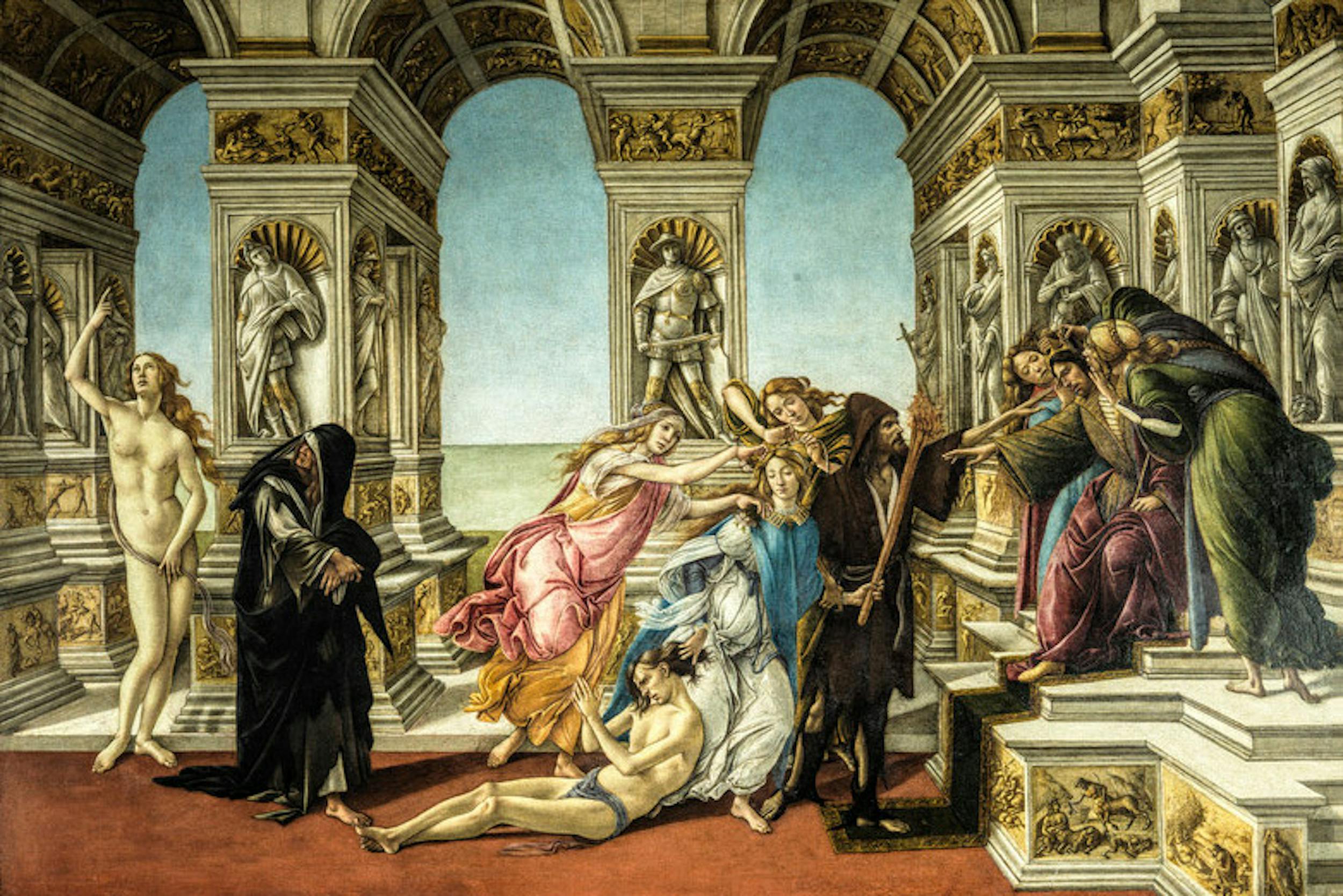 Sandro Botticelli (Firenze ...? - 1510), La Calunnia, sec. XV secolo  (1496 ca.-1497 ca.), tempera su tavola. Firenze, Galleria degli Uffizi