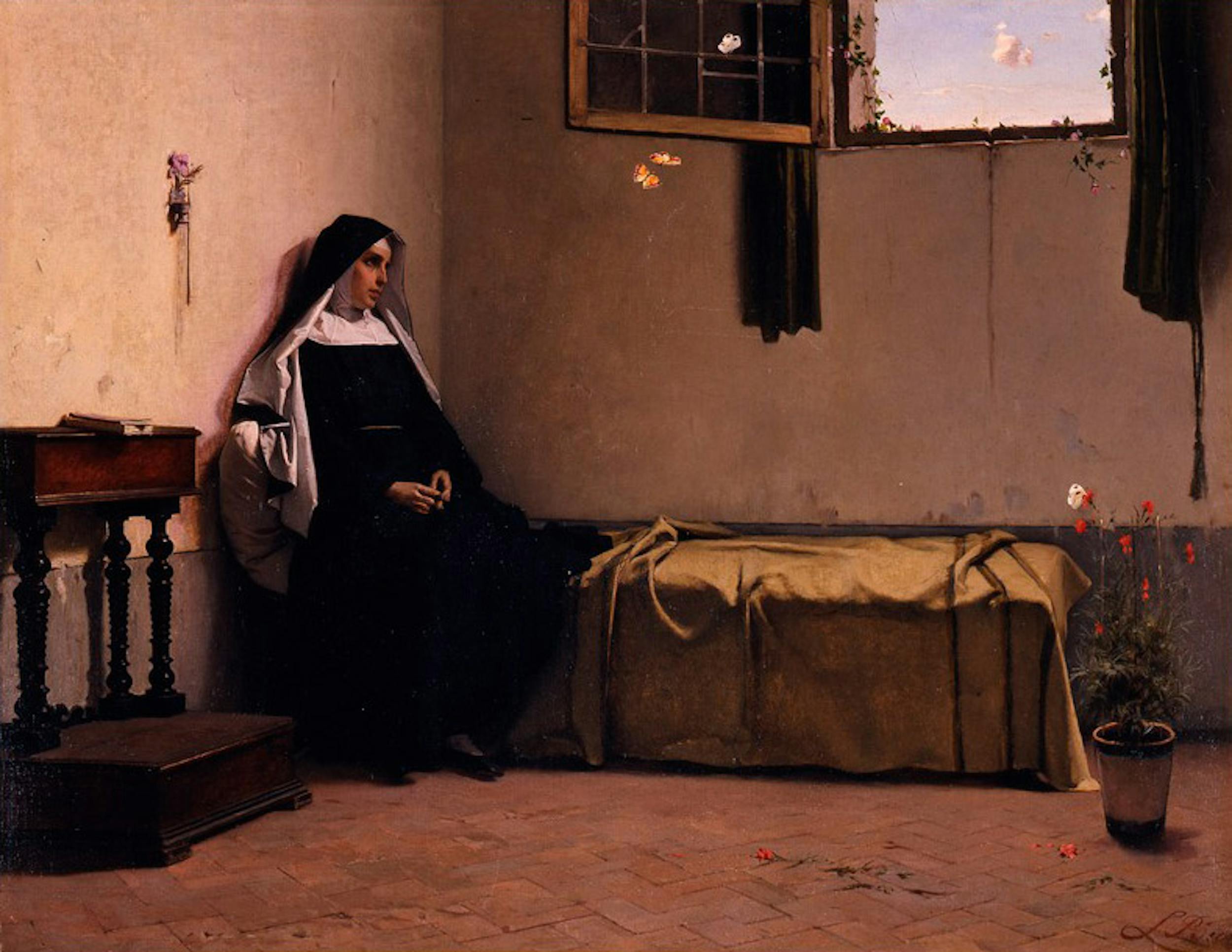 Luigi Busi (Bologna 1837 - 1884), Monaca in contemplazione, seconda  metà XIX secolo (1865 ca.), olio su tela. Firenze, Gallerie degli Uffizi,  Galleria d’Arte Moderna, Depositi