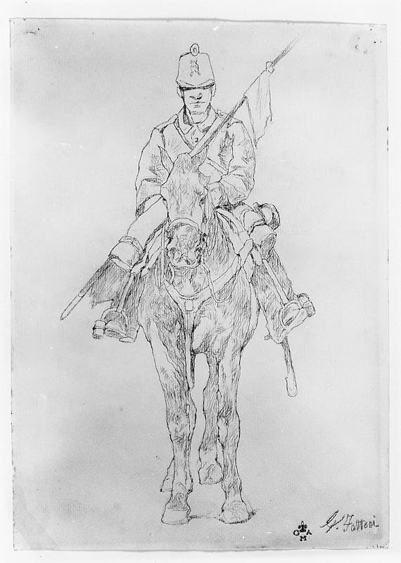 Giovanni Fattori (Livorno 1825 - Firenze 1908), Soldato di cavalleria, XX secolo (ante 1908), matita nera su carta. Firenze, Gallerie degli Uffizi, Gabinetto Disegni e Stampe degli Uffizi